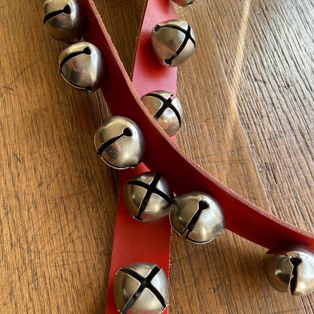 30" vintage SLEIGH bells, 12, red leather strap Christmas door jingle bells